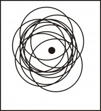 Drawing by Jon Adams showing several black circles overlapping in a slighlty chaotic way, around a central black cicle; the target